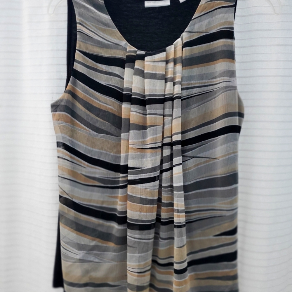 New York & Company:med sleeveless blouse black, gold, grey, white stripd